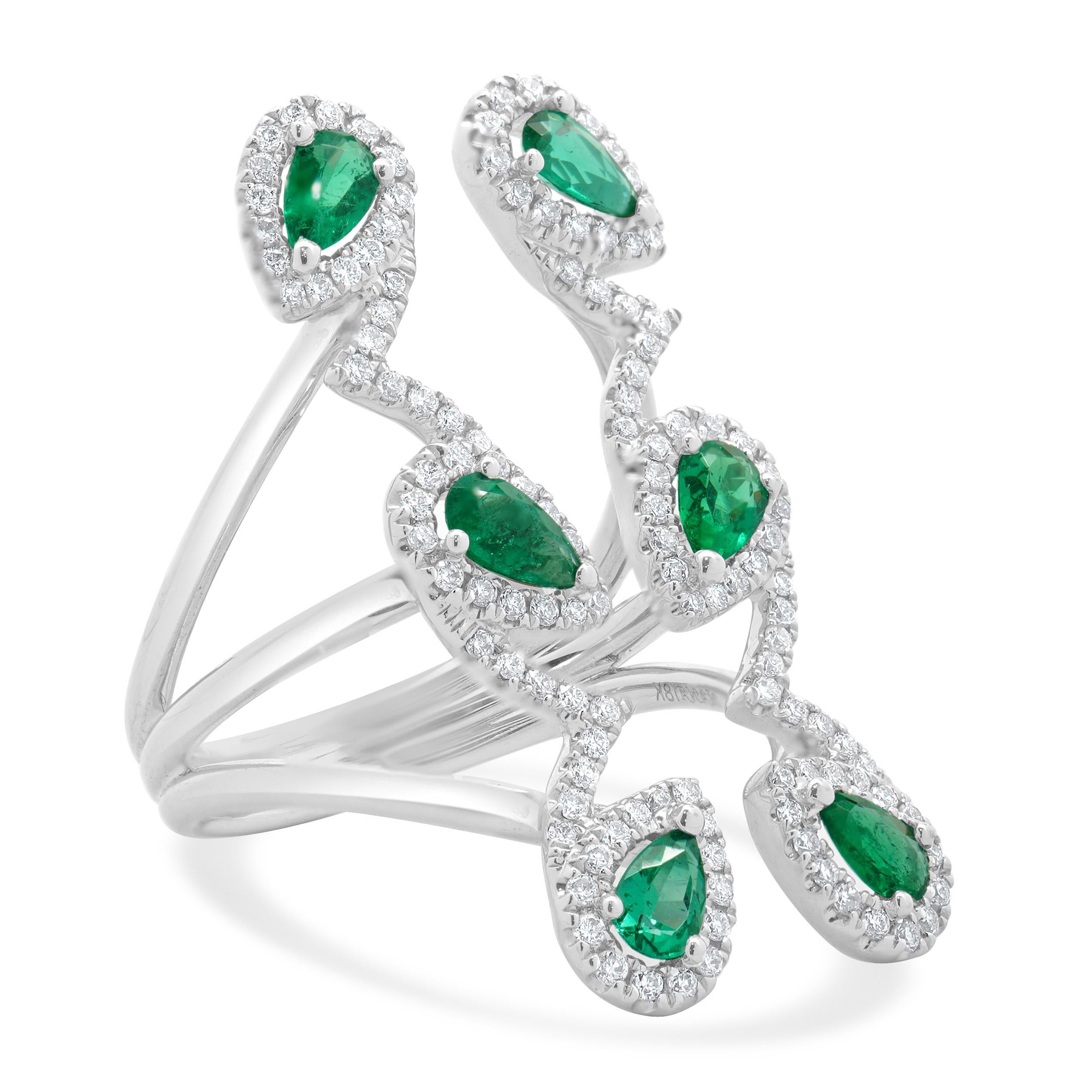Women's 18 Karat White Gold Pear Cut Emerald & Diamond Full Finger Parallel Zig Zag Ring For Sale