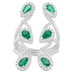 18 Karat White Gold Pear Cut Emerald & Diamond Full Finger Parallel Zig Zag Ring