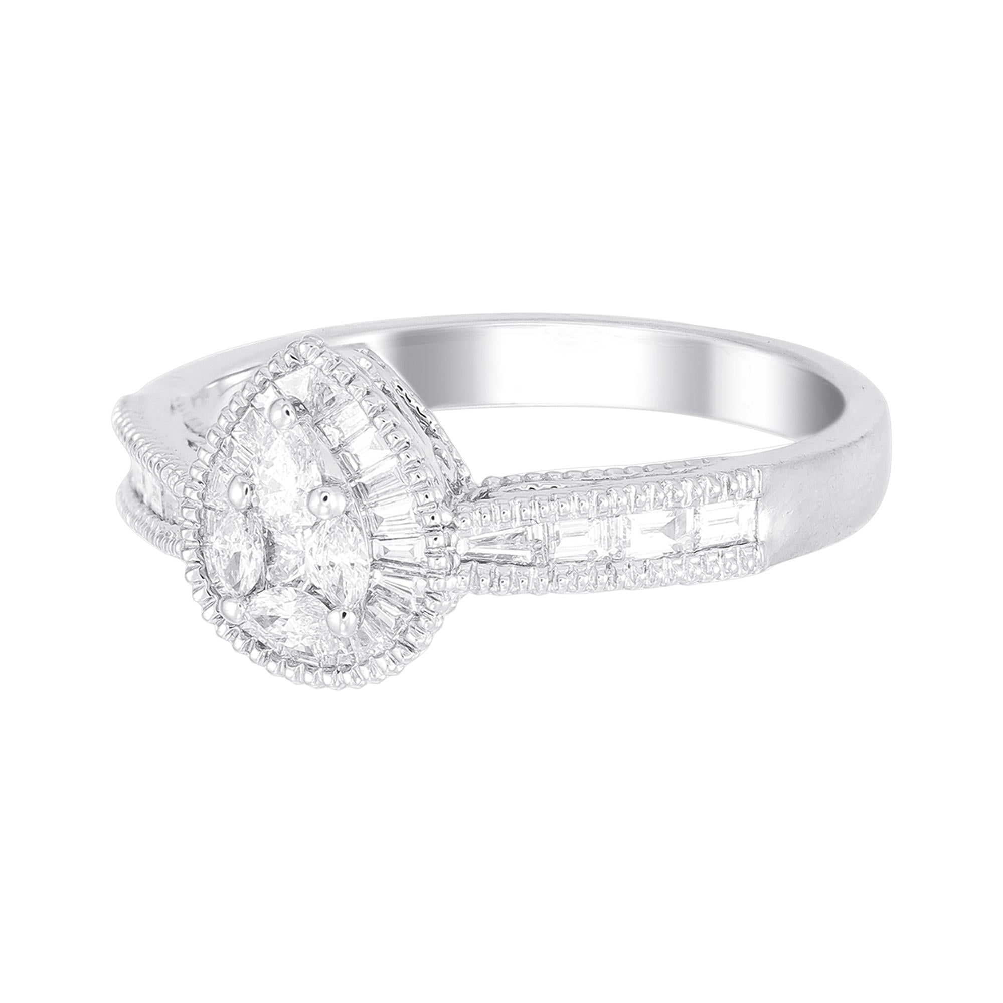 This 18K White Gold cocktail ring features a luscious Pear shape White Diamond Illusion, accentuated by a halo of Baguette diamonds. Combine with glamorous outfits for a show-stopping effect. Each diamond hand-selected by our experts for its