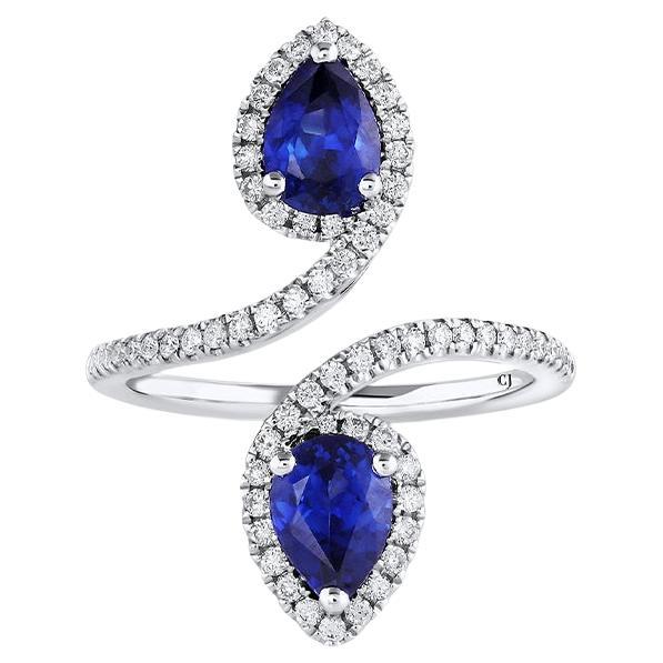 18 Karat White Gold Pear-Shaped Blue Sapphire Diamond Bypass Ring For Sale