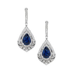 18 Karat White Gold Pear Shapped Sapphire & Diamond Vintage Style Drop Earrings