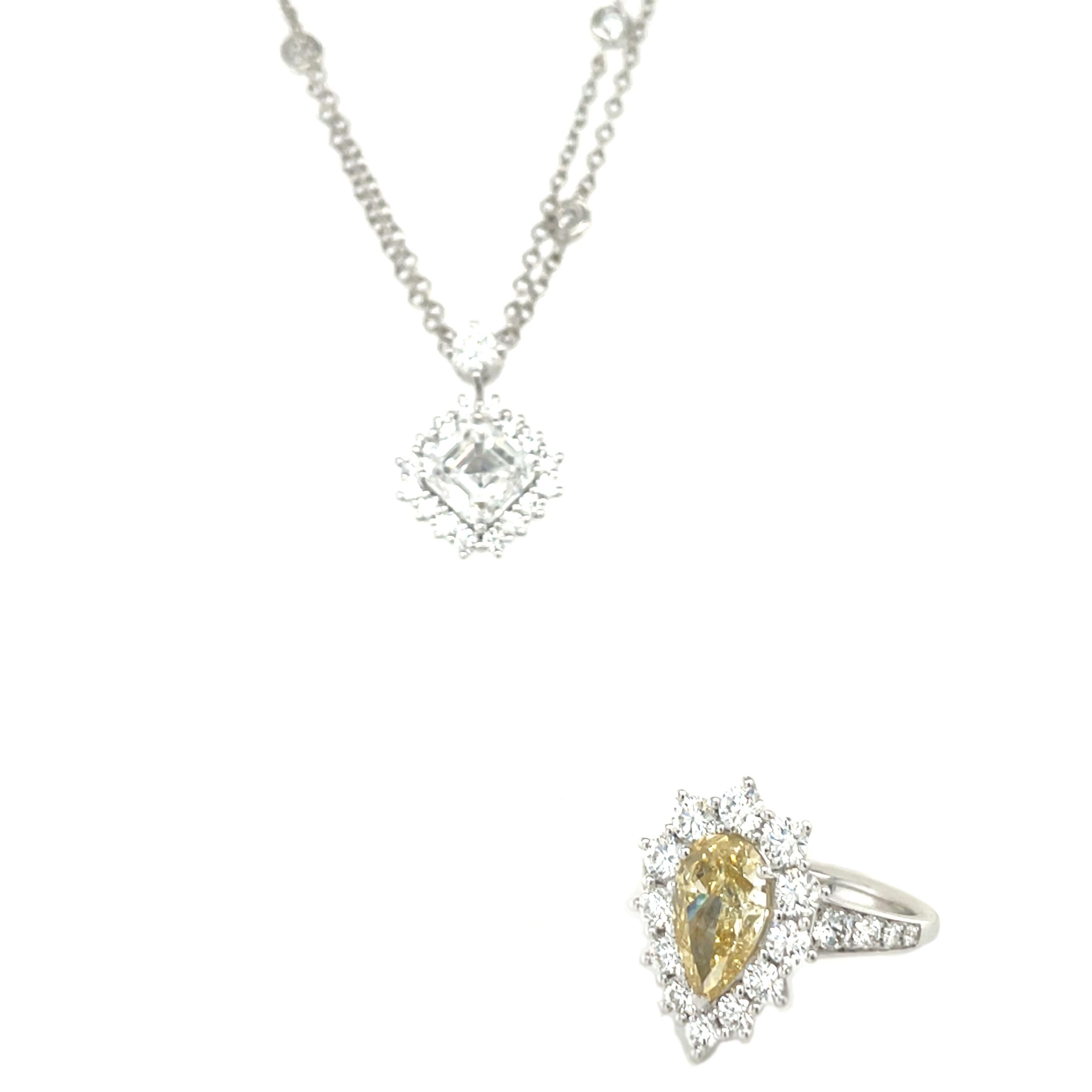 Pear Cut 18 Karat White Gold Pear Square Emerald Yellow Colourless Diamond Set For Sale