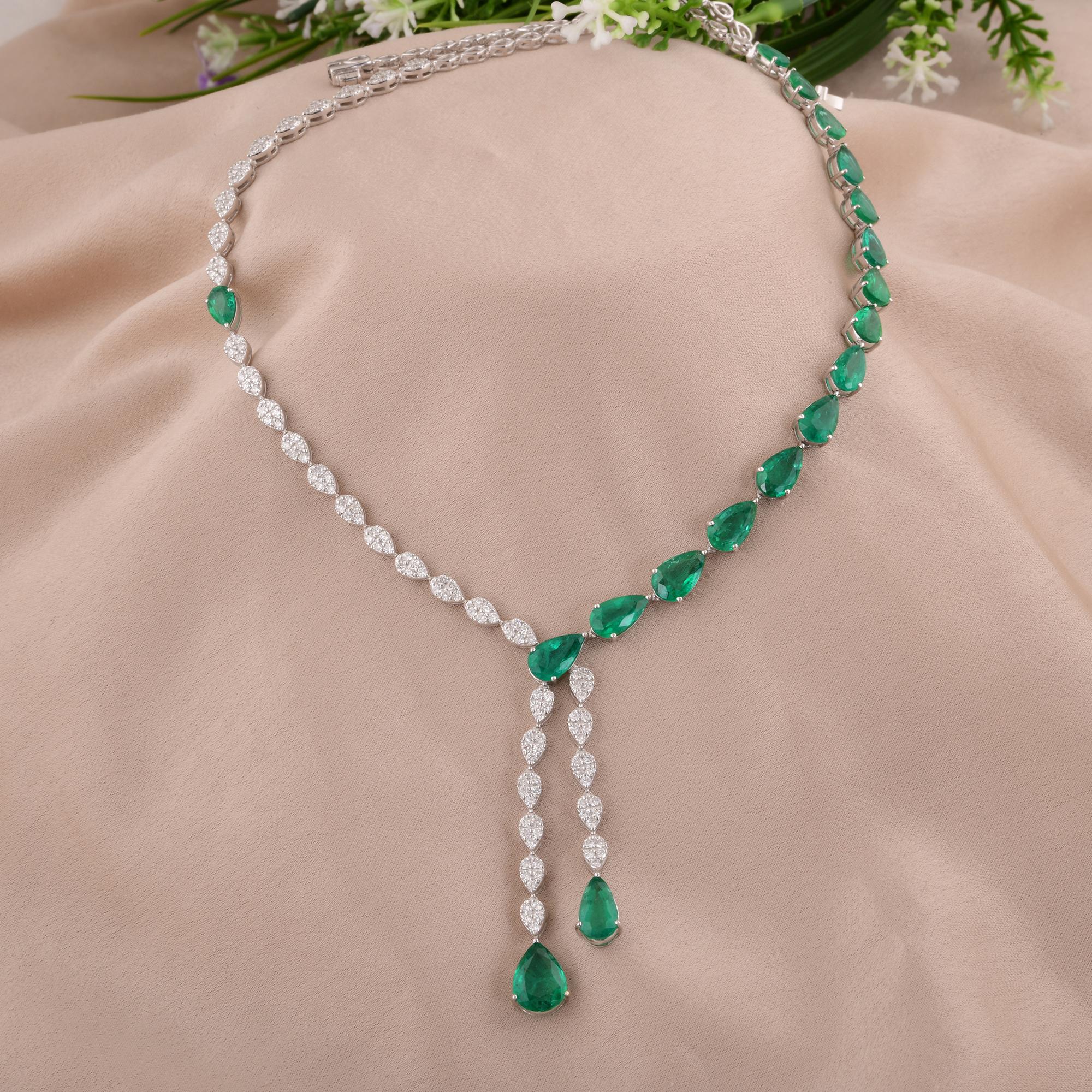 Pear Cut 18 Karat White Gold Pear Zambian Emerald Gemstone Necklace Diamond Fine Jewelry For Sale