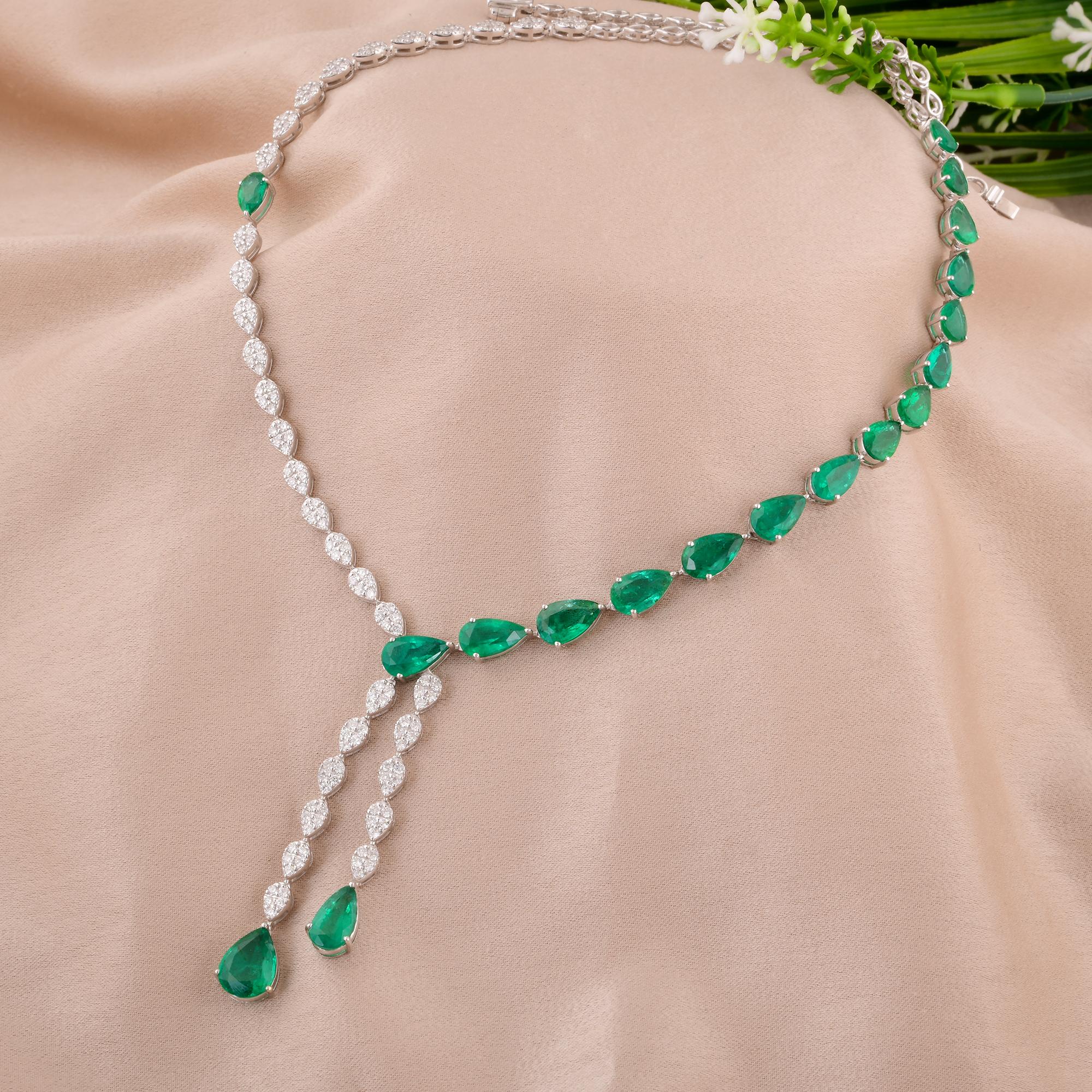 Women's 18 Karat White Gold Pear Zambian Emerald Gemstone Necklace Diamond Fine Jewelry For Sale