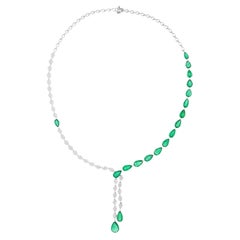 18 Karat White Gold Pear Zambian Emerald Gemstone Necklace Diamond Fine Jewelry