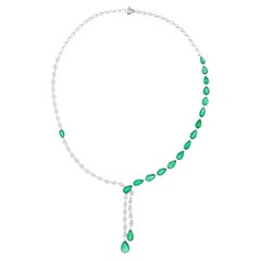 18 Karat White Gold Pear Zambian Emerald Gemstone Necklace Diamond Fine Jewelry