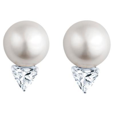18 Karat White Gold Pearl & 1.00 Carat Total Weight Shield Cut Diamond Earrings For Sale