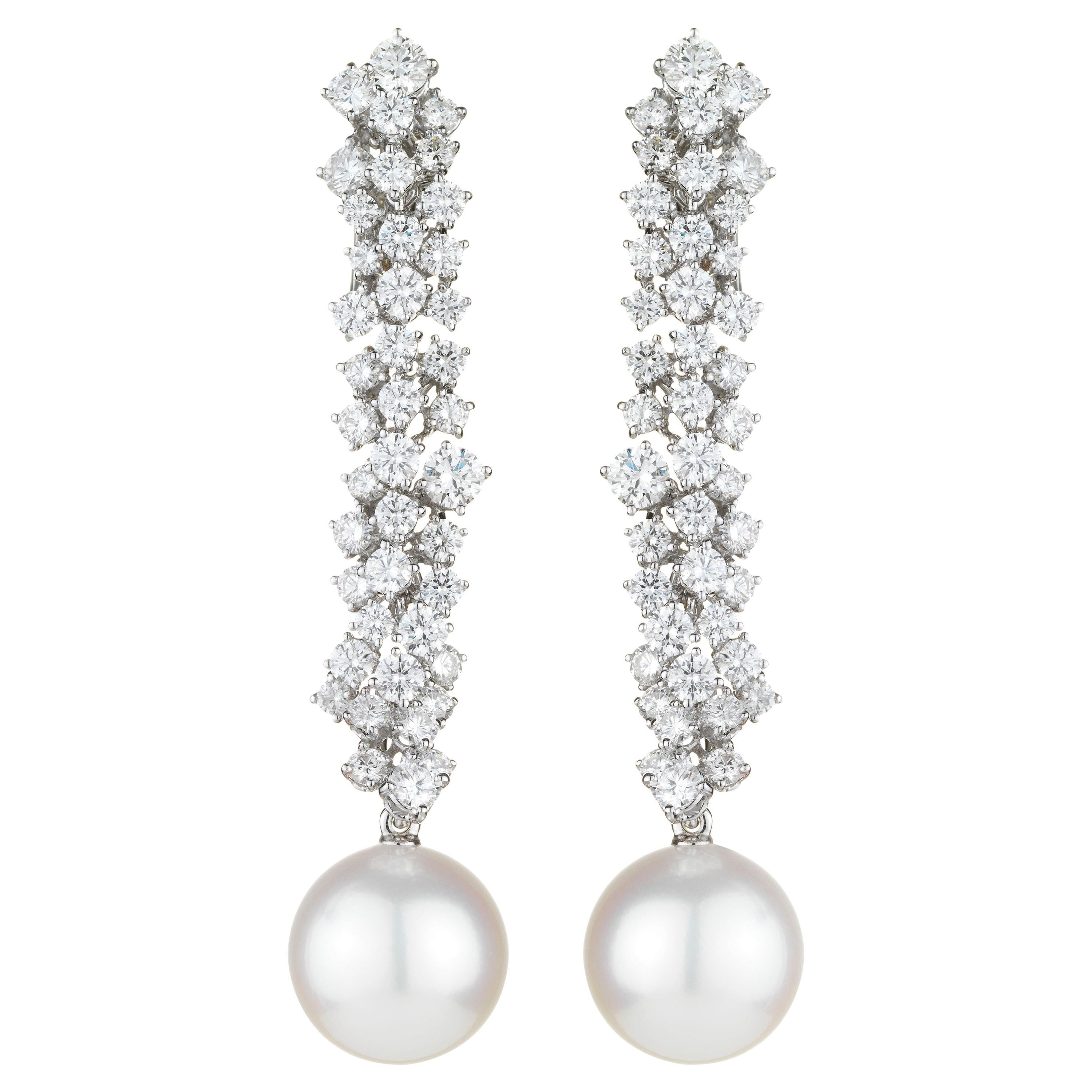 18 Karat White Gold, Pearl and Diamond Crystal Glacier Earrings For Sale