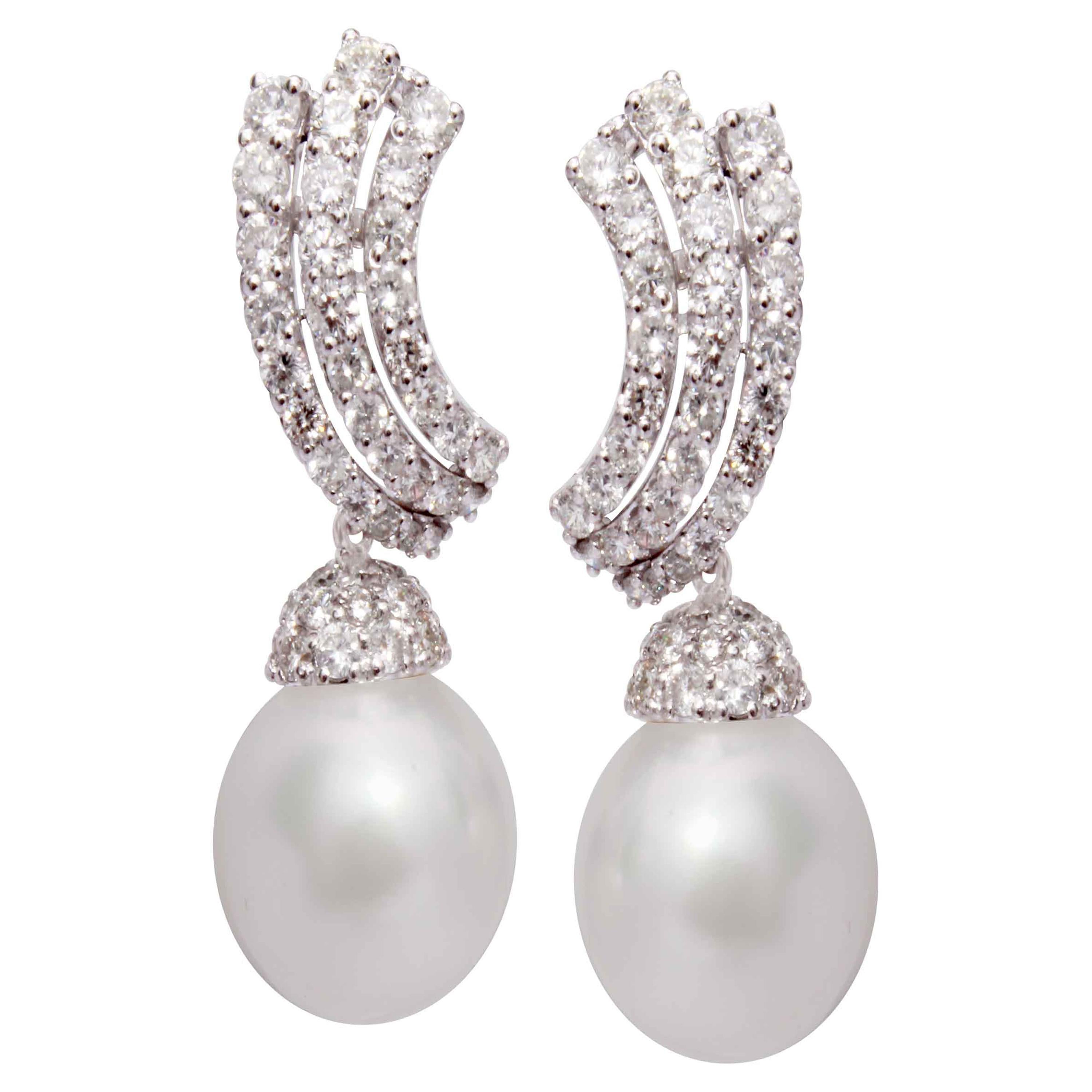 18K White Gold Pearl and Diamond Earrings For Sale