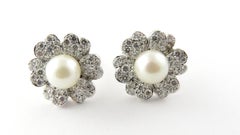 Vintage 18 Karat White Gold Pearl and Diamond Earrings