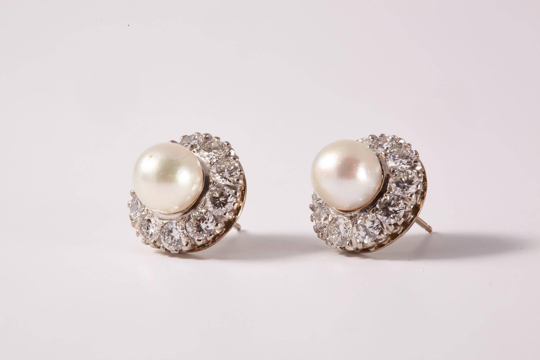 Contemporary 18 Karat White Gold Pearl and Diamonds Earrings For Sale