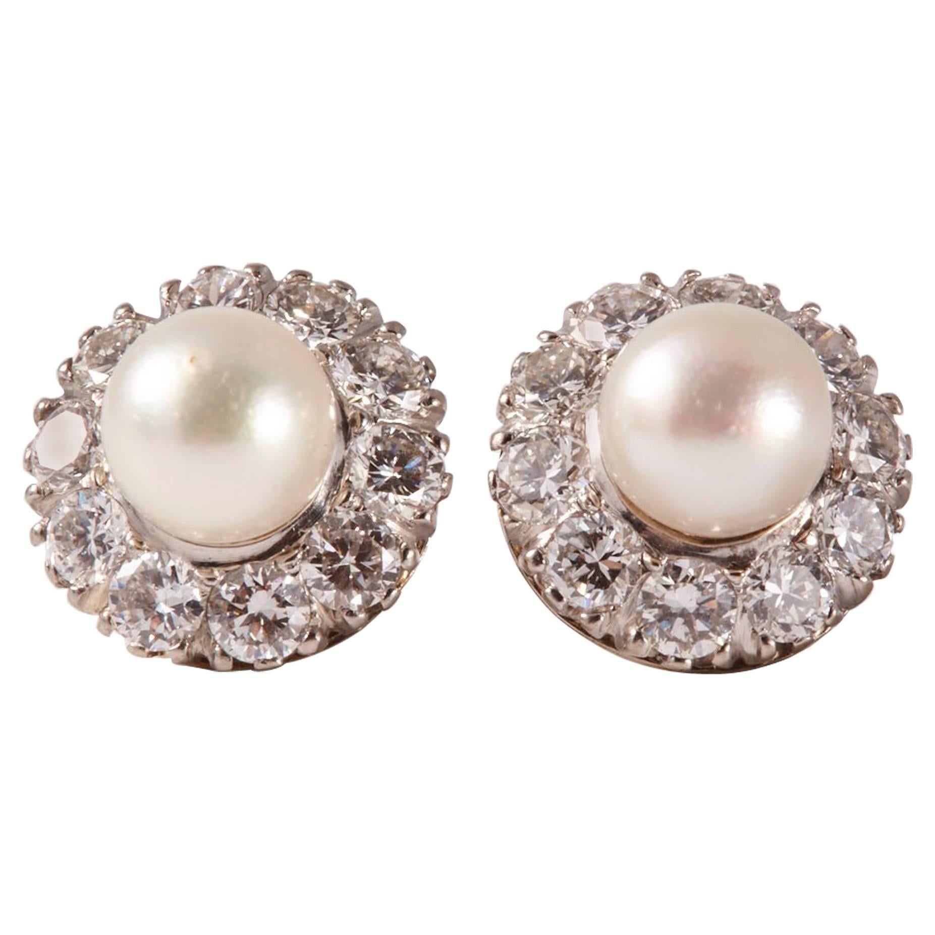 18 Karat White Gold Pearl and Diamonds Earrings For Sale