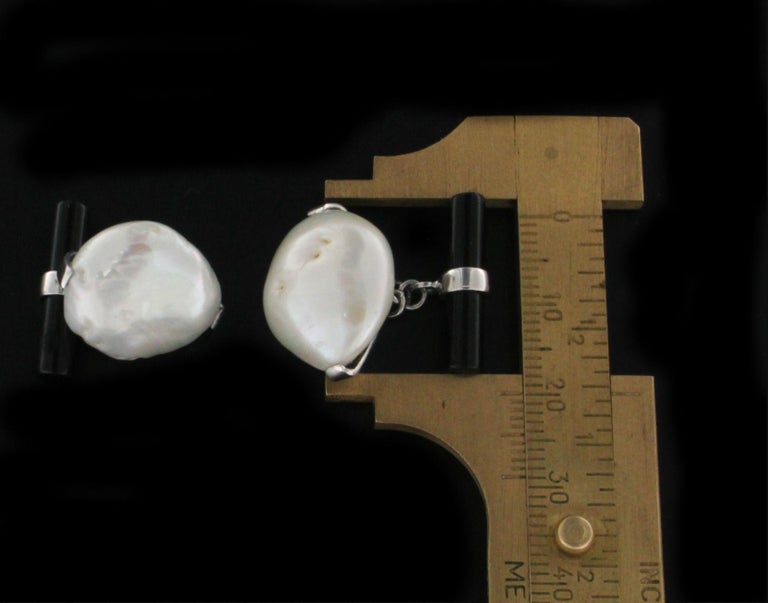 Uncut 18 Karat White Gold Pearl and Onyx Cufflinks For Sale