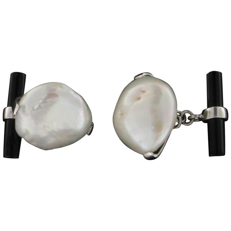 18 Karat White Gold Pearl and Onyx Cufflinks For Sale