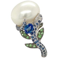 18 Karat White Gold Pearl, Diamond, 2.08 Carat Blue Sapphire and Tsavorite Ring