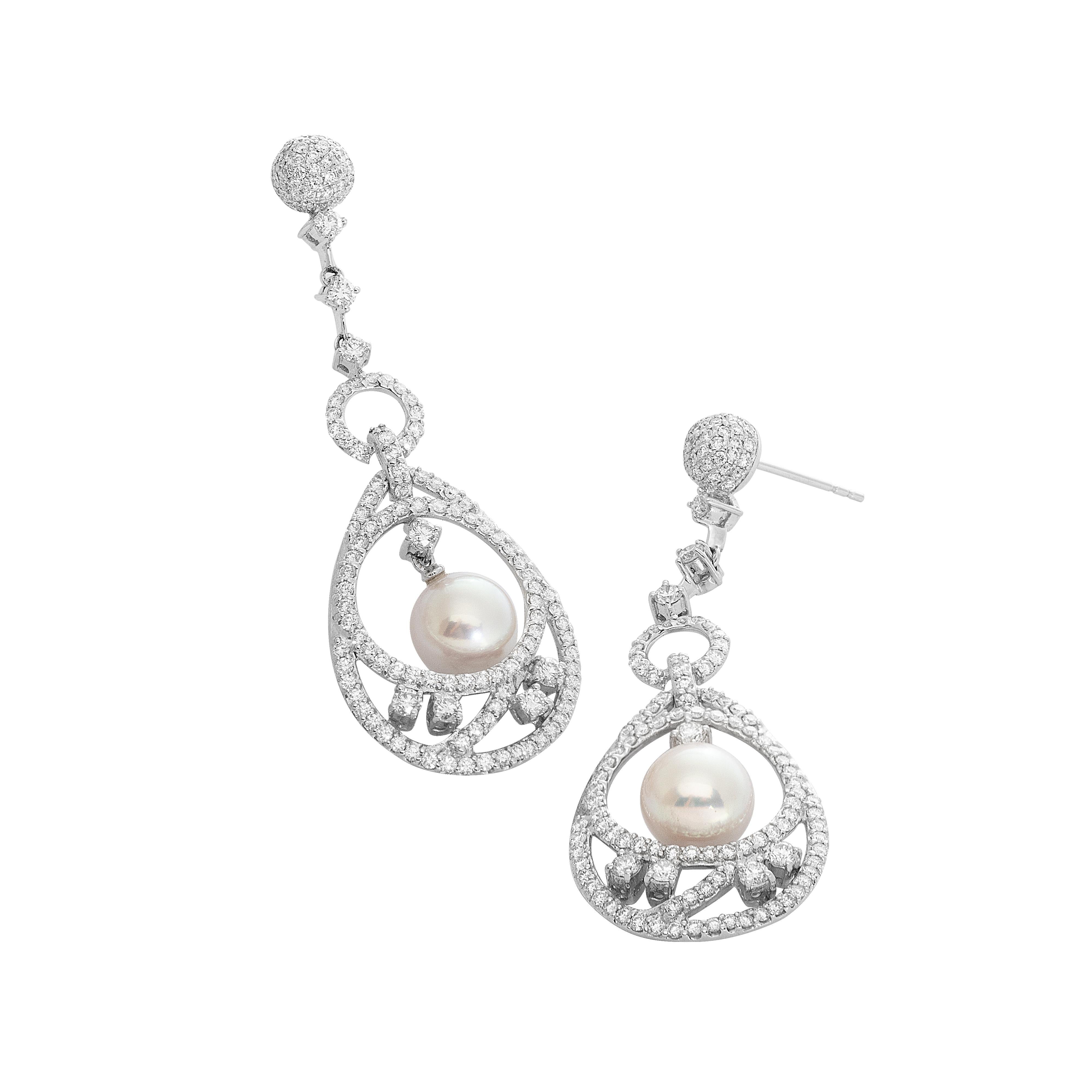 Contemporary 18 Karat White Gold Pearl Diamond Cocktail Earrings For Sale