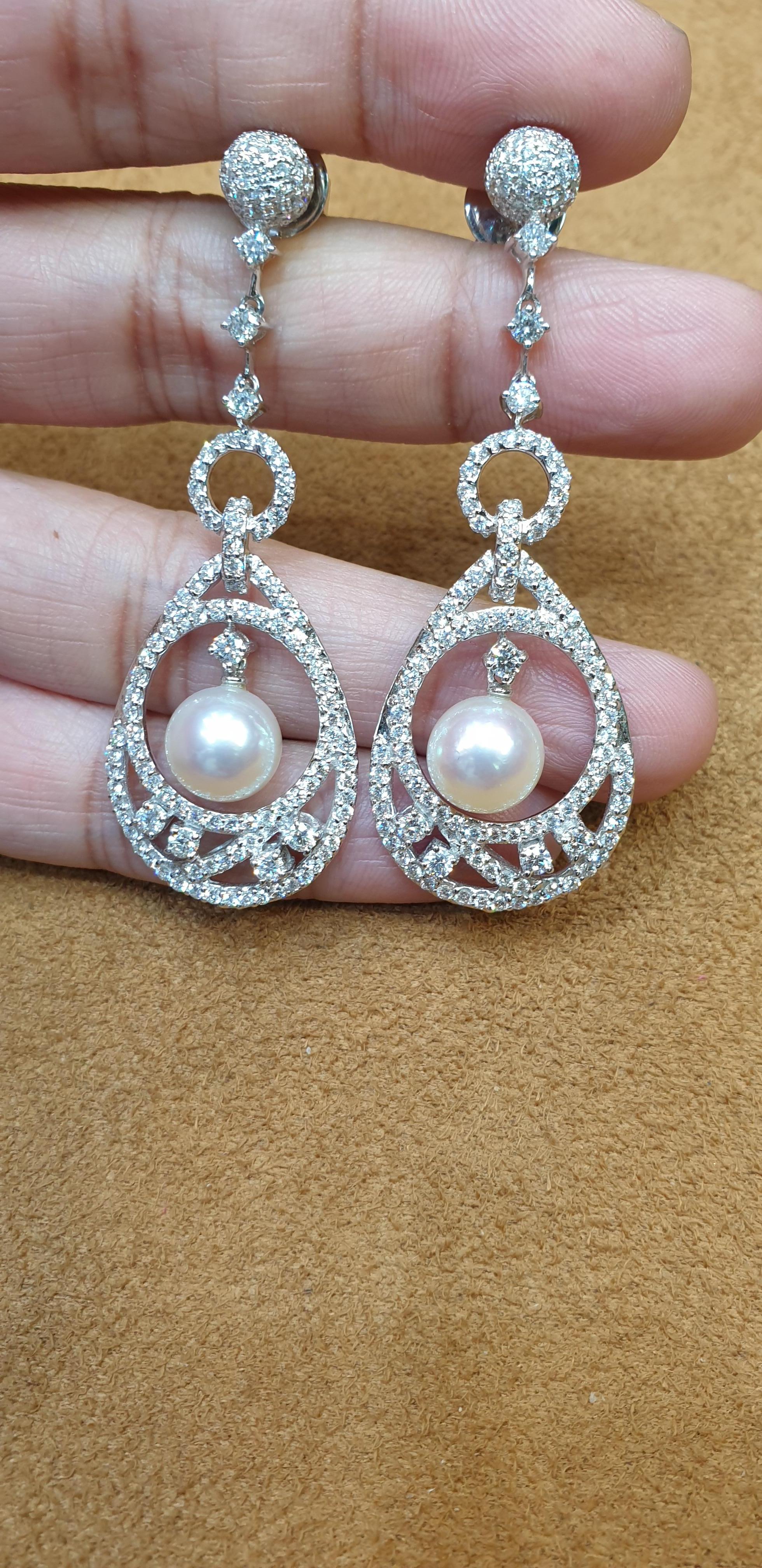 Round Cut 18 Karat White Gold Pearl Diamond Cocktail Earrings For Sale