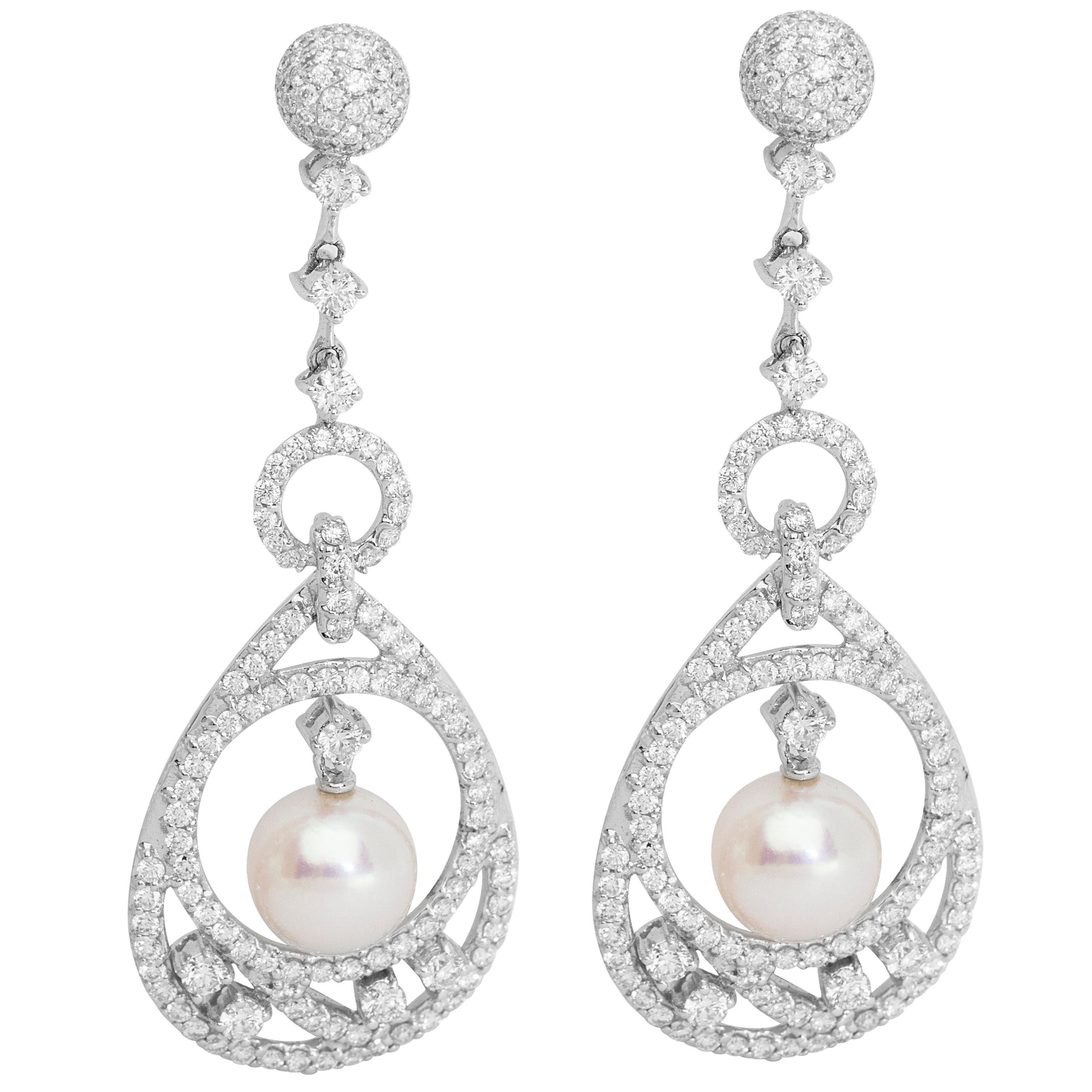 18 Karat White Gold Pearl Diamond Cocktail Earrings For Sale