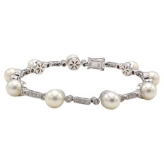 18 Karat White Gold Pearl & Natural Diamond Tennis Line Bracelet 