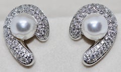18 Karat White Gold Pearl Ear Clips, Earrings with Diamonds, by Carl. Bucherer