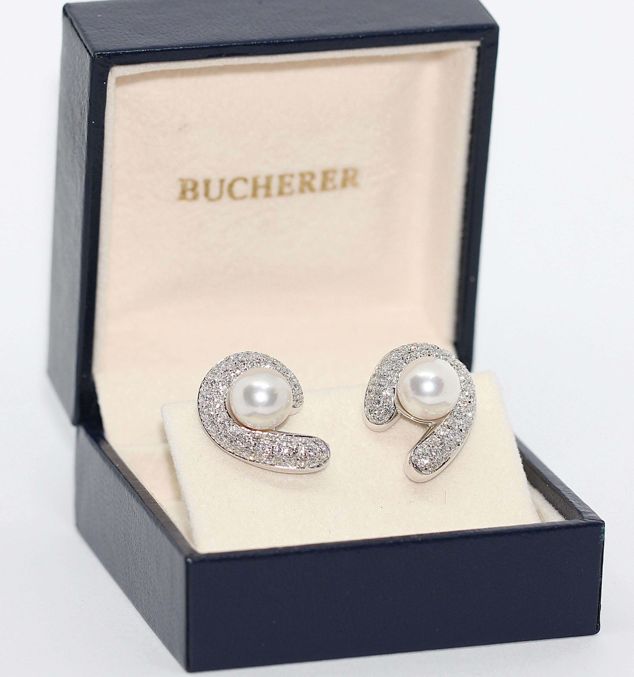 Modern 18 Karat White Gold Pearl Ear Clips, Earrings with Diamonds, by Carl. Bucherer For Sale