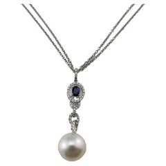 18 Karat White Gold Pearl, Sapphire and Diamond Pendant Necklace 