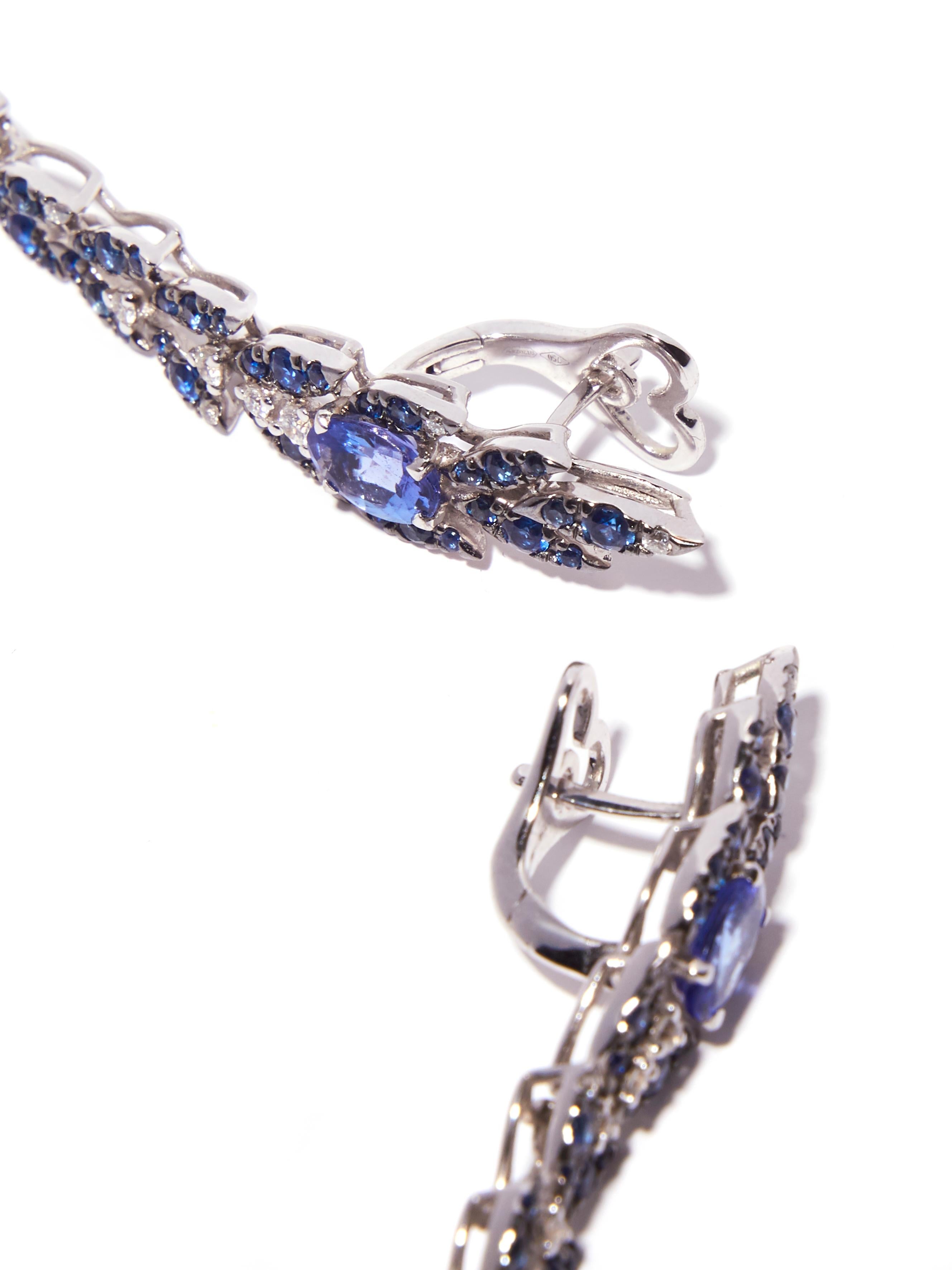 Modern 18 Karat White Gold Pendant Earrings with Blue Sapphire, Tanzanite and Diamonds