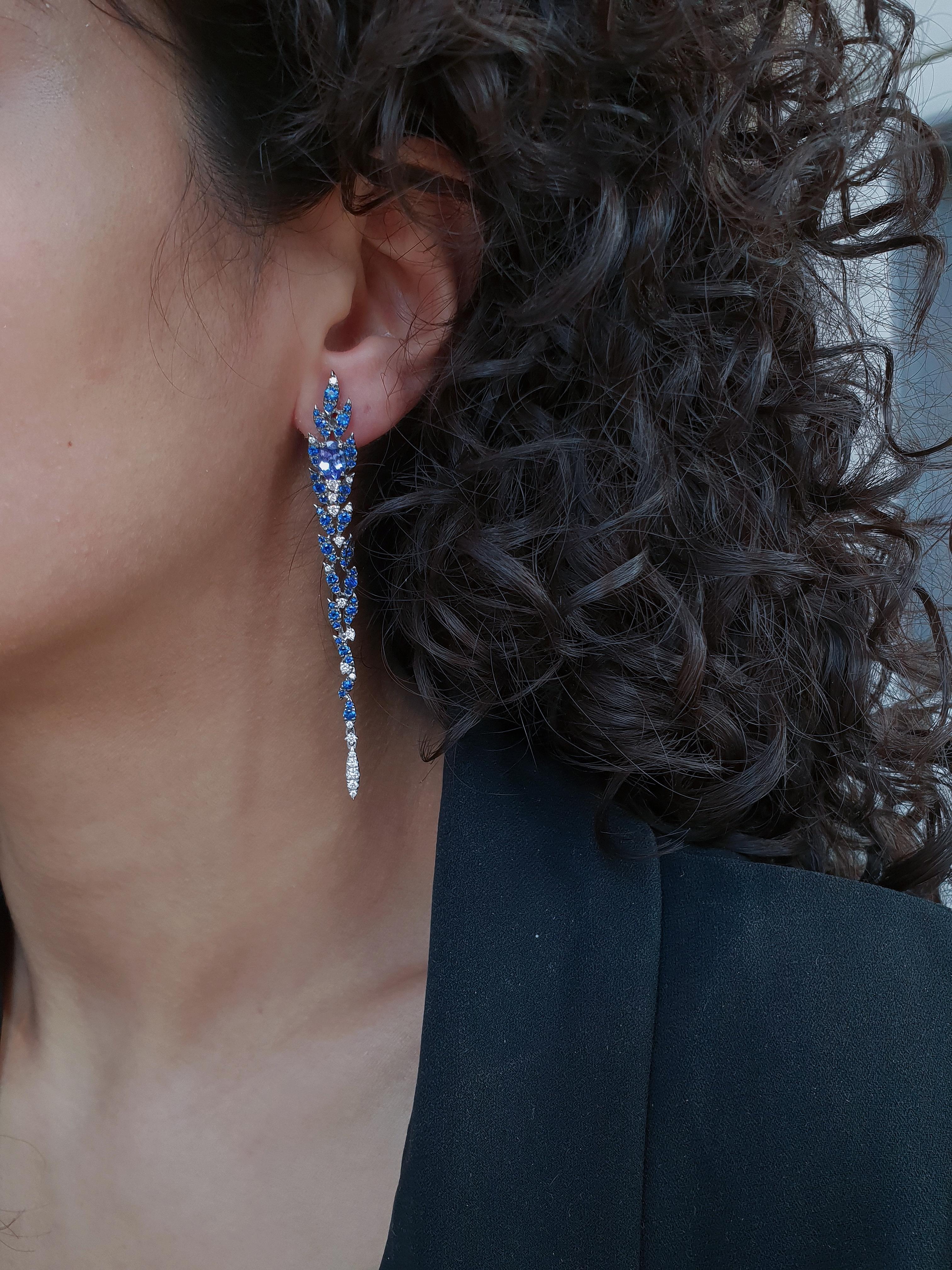 Women's 18 Karat White Gold Pendant Earrings with Blue Sapphire, Tanzanite and Diamonds