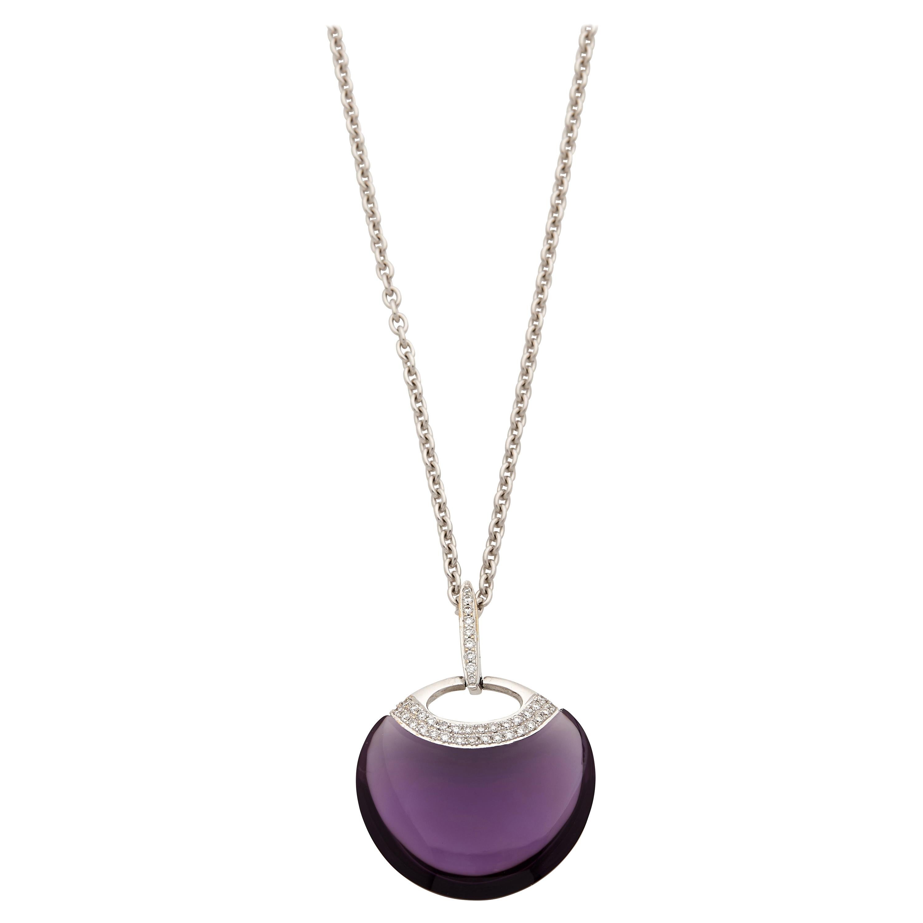 18 Karat White Gold Pendant Necklace Set with 14.30 Carat Amethyst and Diamonds For Sale