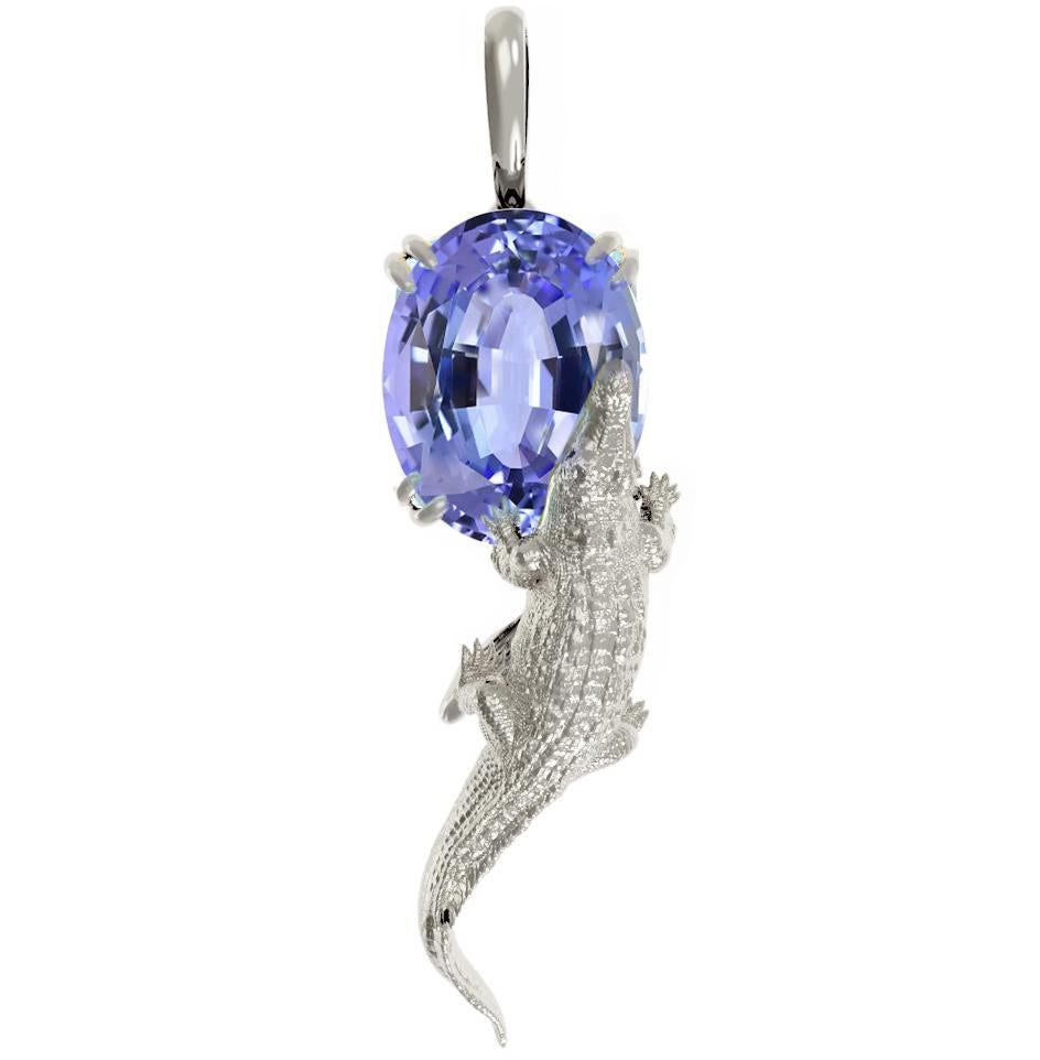 This contemporary pendant necklace features an 18 karat white gold Mesopotamian design encrusted with a 1.82 carat natural oval cut blue tanzanite, 7.9x6.2x5.25 mm, certified by MGL. The gem is expertly showcased in a modern design that catches the
