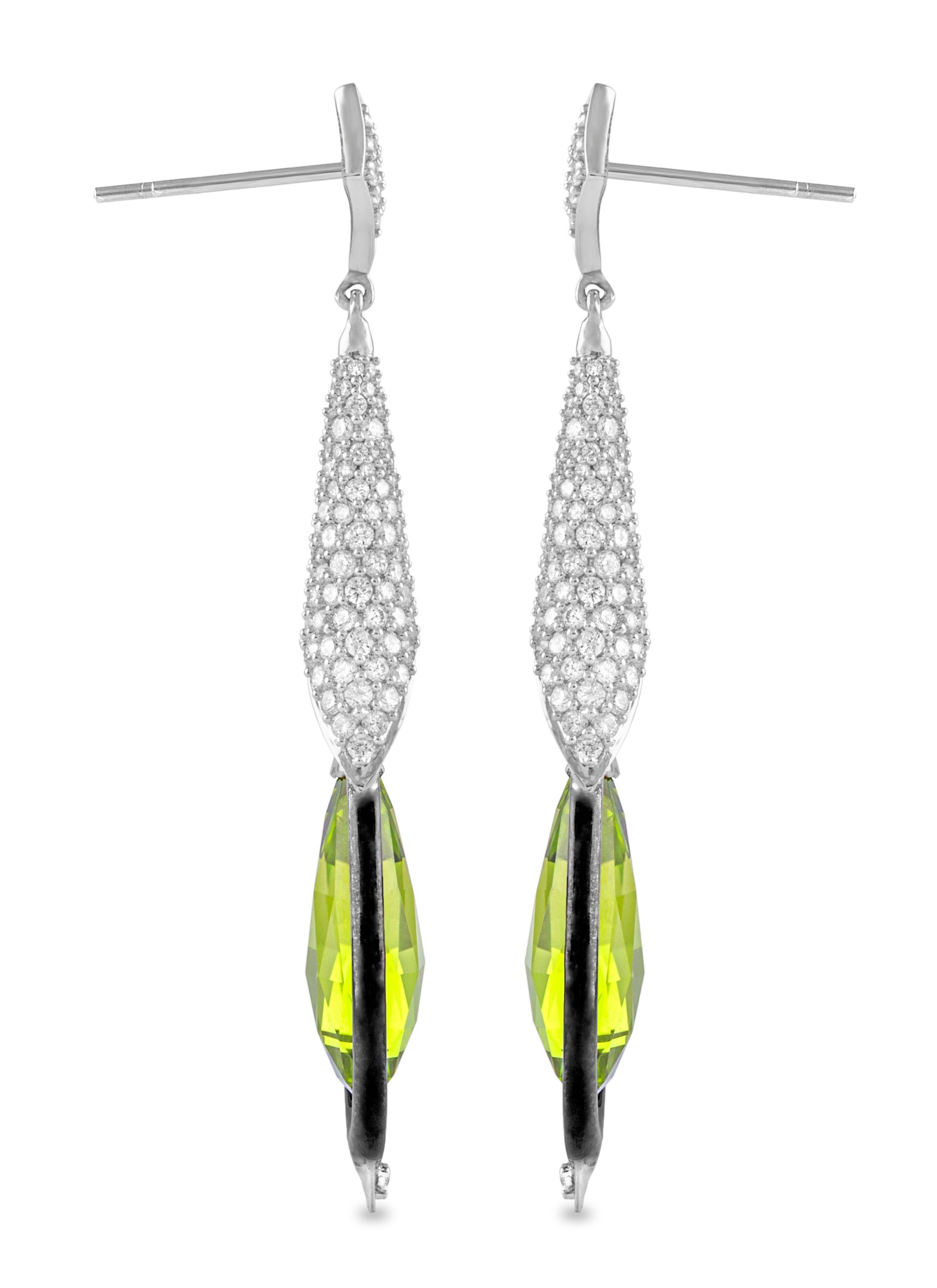 Contemporary 18 Karat White Gold Peridot and Diamond Earrings For Sale