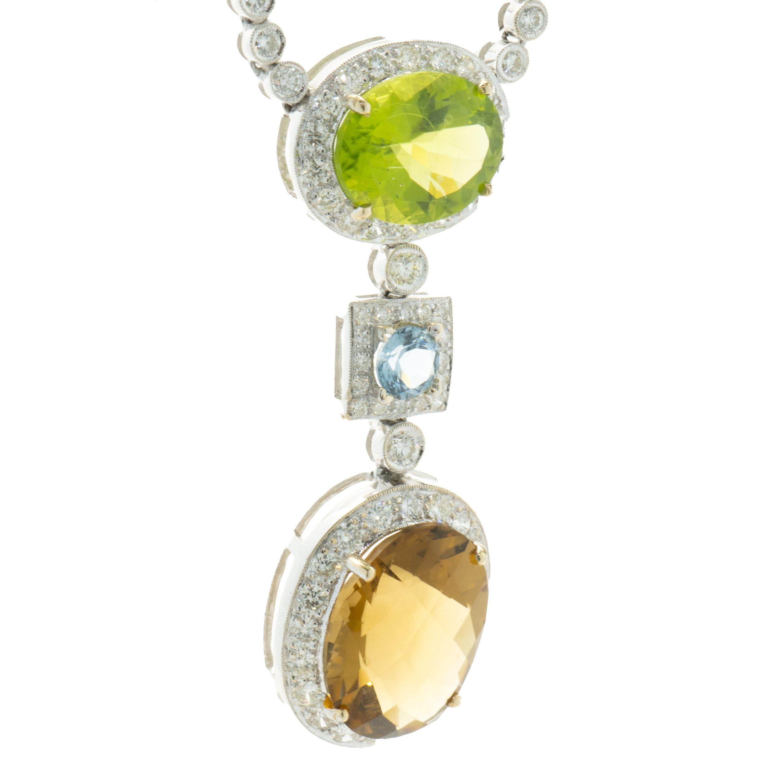Designer: custom
Material: 18K white gold
Diamond: round brilliant cut = 12.46cttw
Color: G
Clarity: VS2
Peridot: oval cut = 15.66cttw
Citrine: oval cut = 18.79cttw
Dimensions: necklace measures 18-inches in length
Weight: 50.04 grams