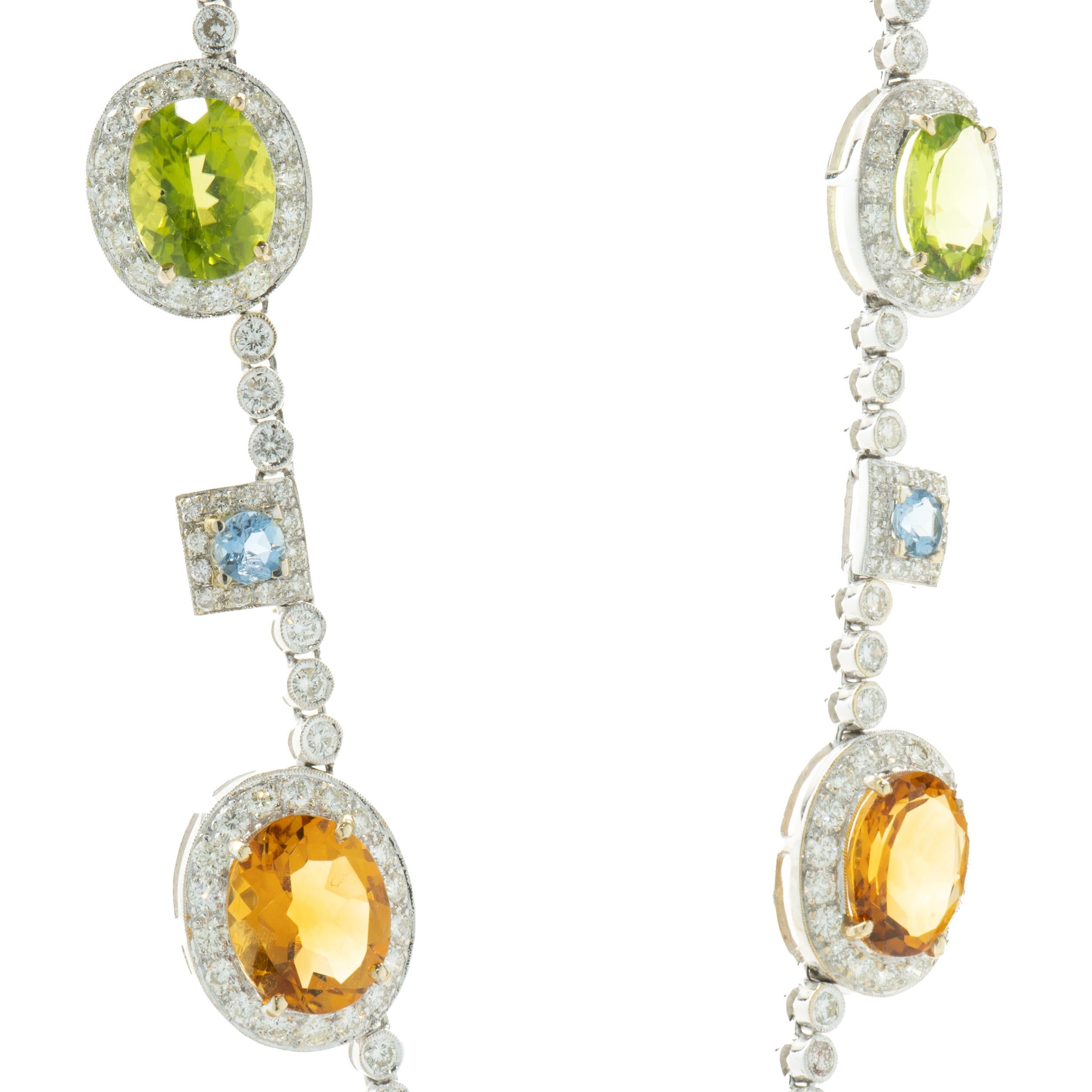 18 Karat White Gold Peridot, Citrine, Blue Topaz, and Diamond Drop Necklace In Excellent Condition For Sale In Scottsdale, AZ