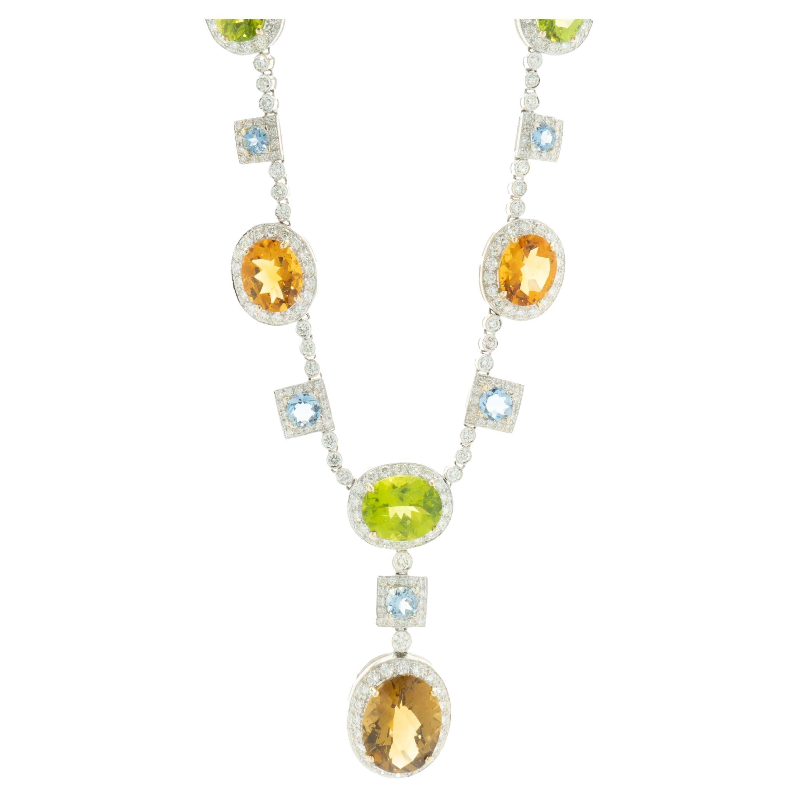 18 Karat Weißgold Peridot, Citrin, Blautopas und Diamant-Tropfen-Halskette
