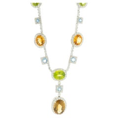 18 Karat White Gold Peridot, Citrine, Blue Topaz, and Diamond Drop Necklace