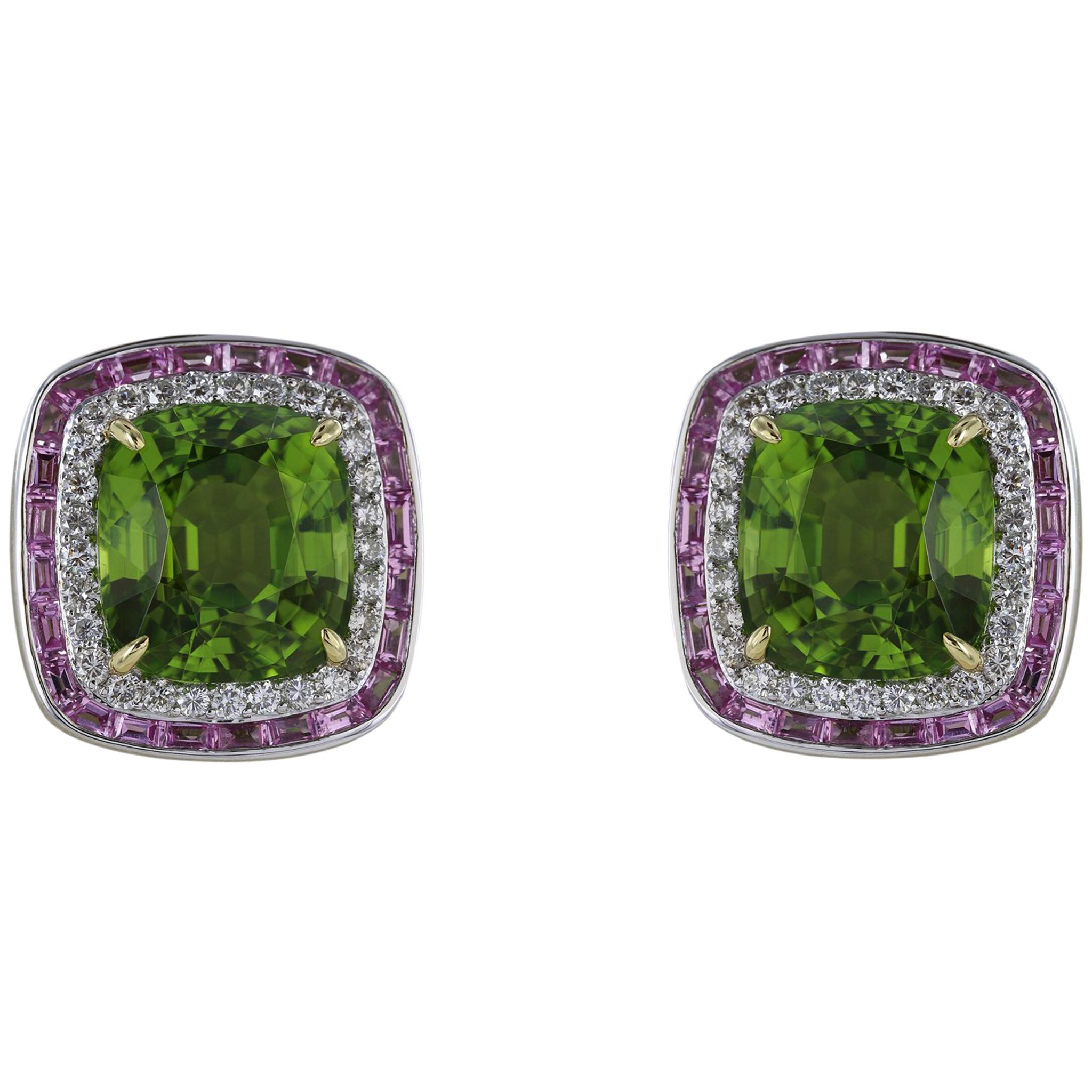 18 Karat White Gold Peridot, Diamond and Sapphire Cluster Earrings For Sale
