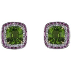 18 Karat White Gold Peridot, Diamond and Sapphire Cluster Earrings