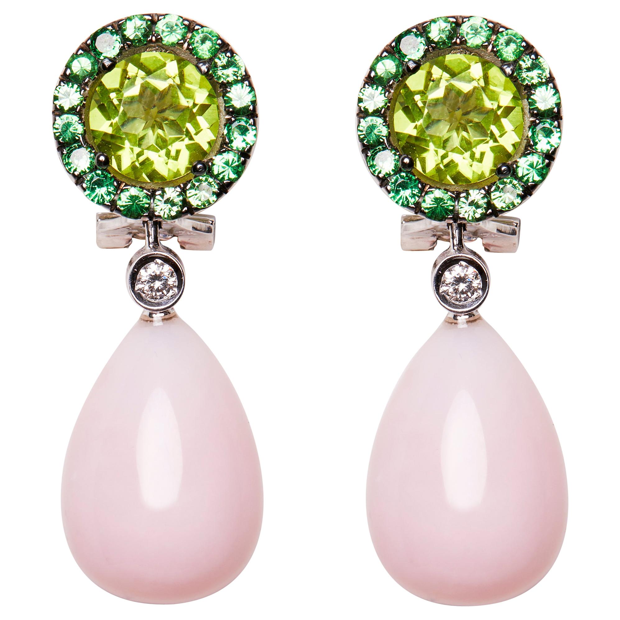18 Karat White Gold Peridot Rose Opal Tsavorite and Diamond Dangle Earrings