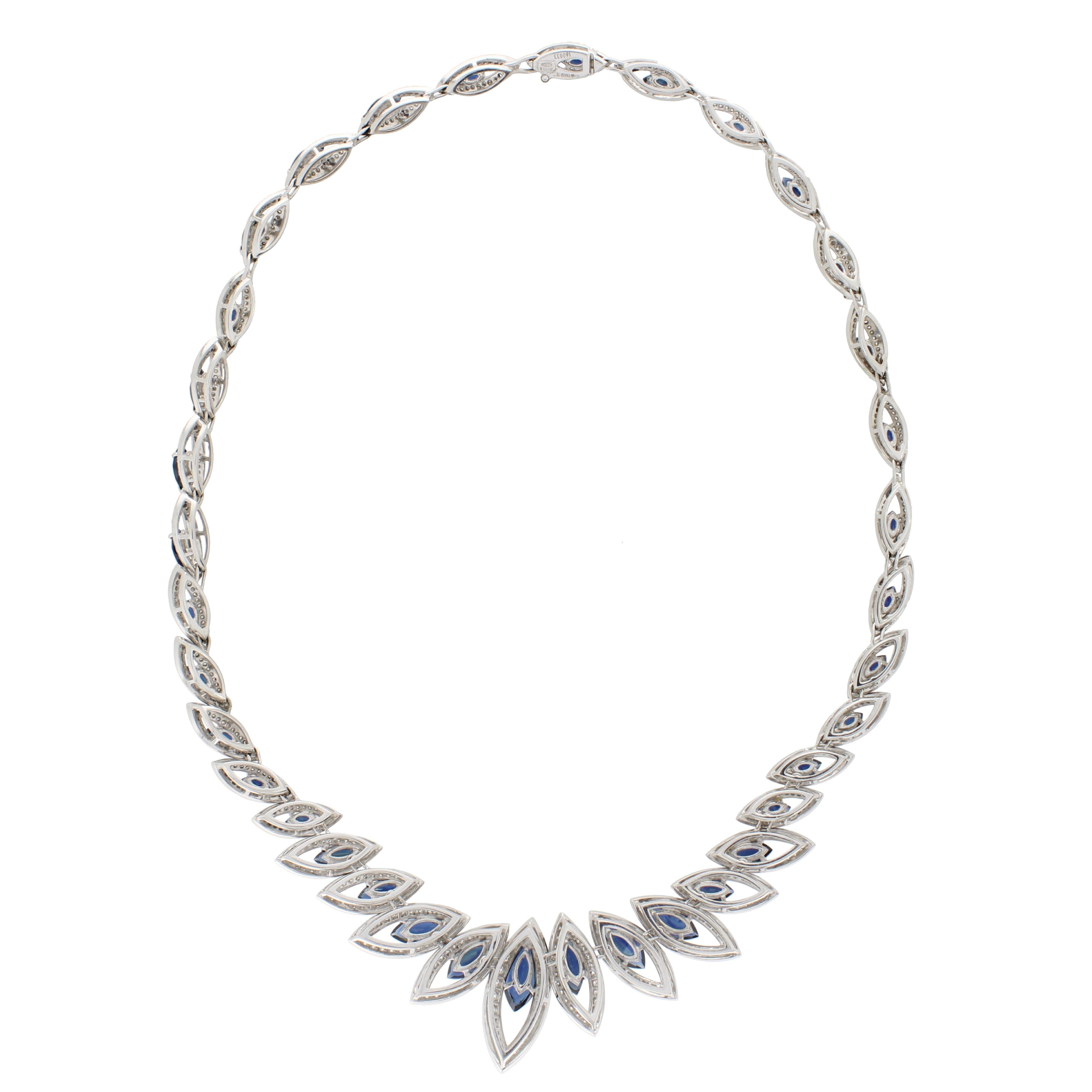 Contemporary 18 Karat White Gold Petali Blue Sapphire and Diamonds Necklace For Sale