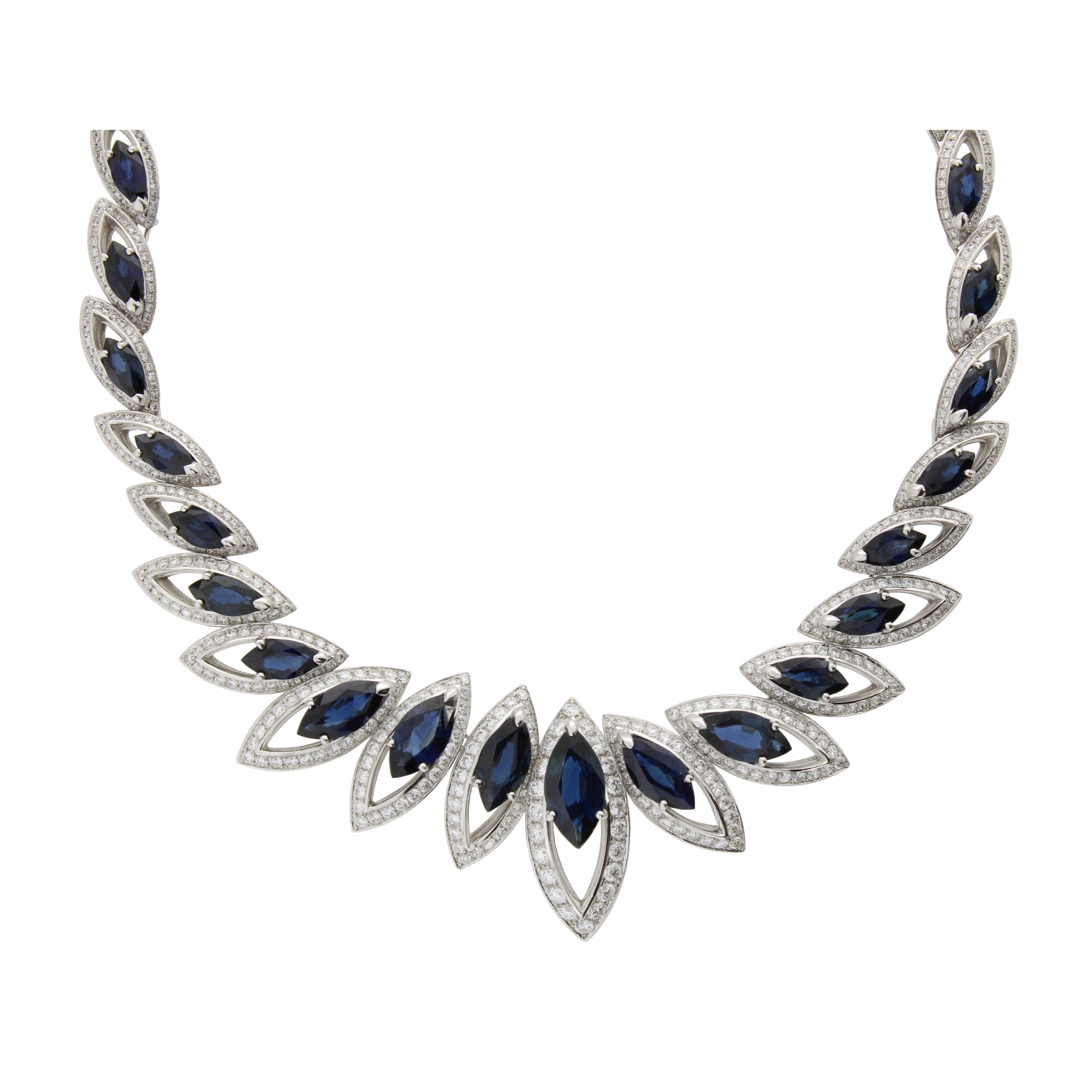 Marquise Cut 18 Karat White Gold Petali Blue Sapphire and Diamonds Necklace For Sale