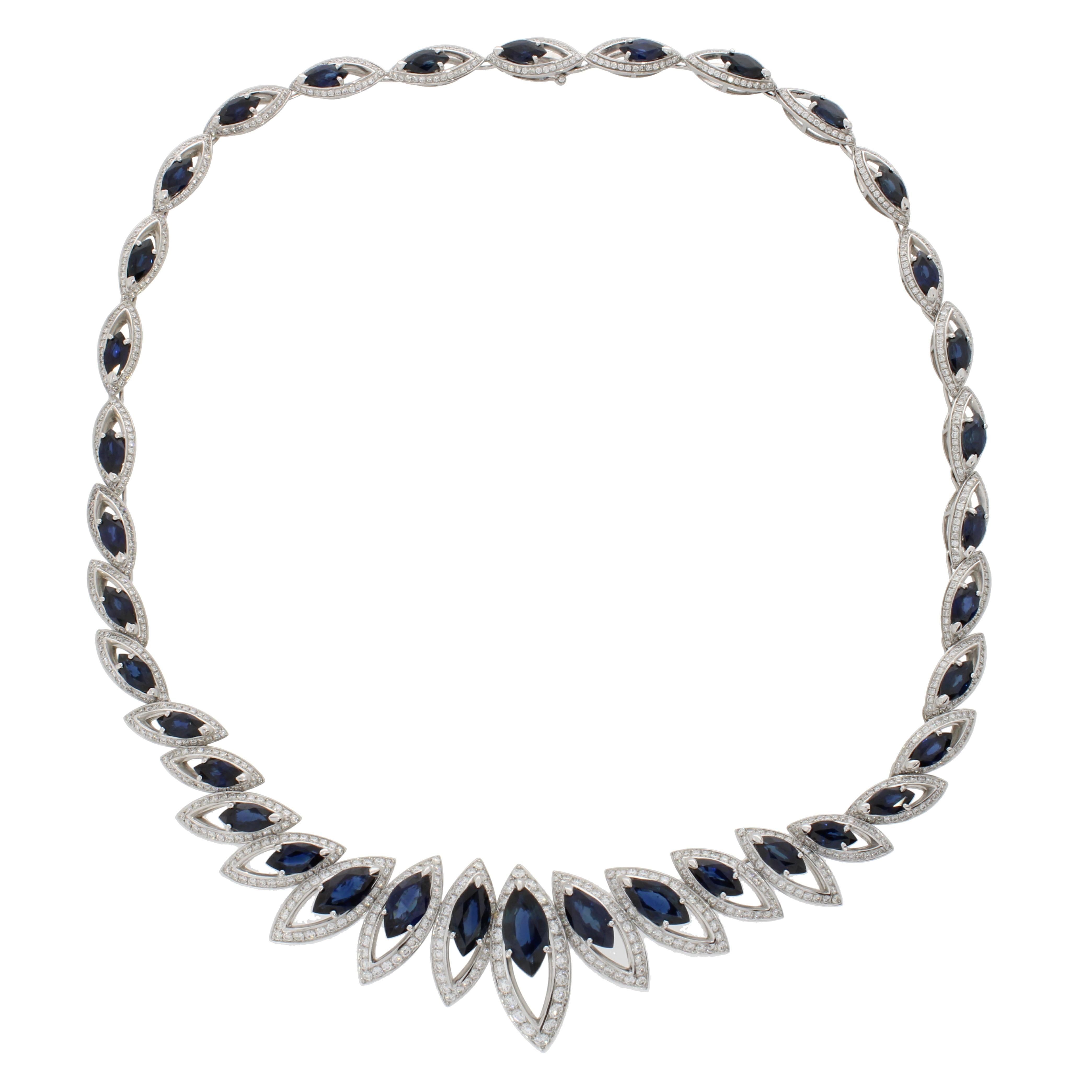 Women's 18 Karat White Gold Petali Blue Sapphire and Diamonds Necklace For Sale