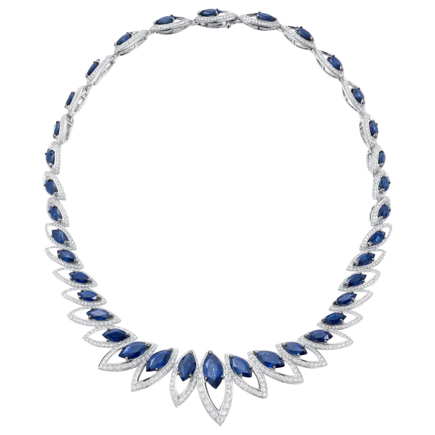 18 Karat White Gold Petali Blue Sapphire and Diamonds Necklace For Sale