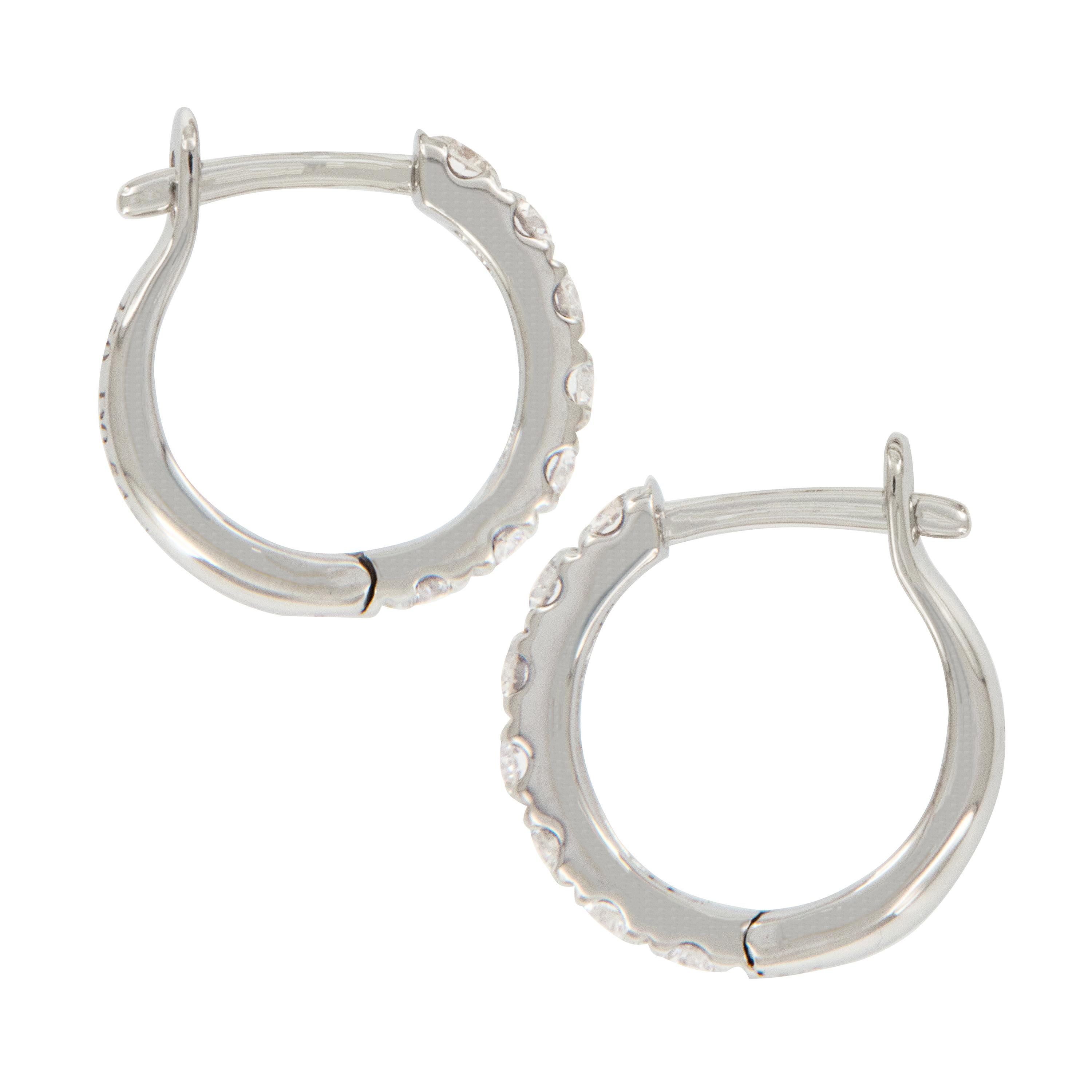 Round Cut 18 Karat White Gold Petite 0.54 Cttw Diamond Hoop Earrings For Sale