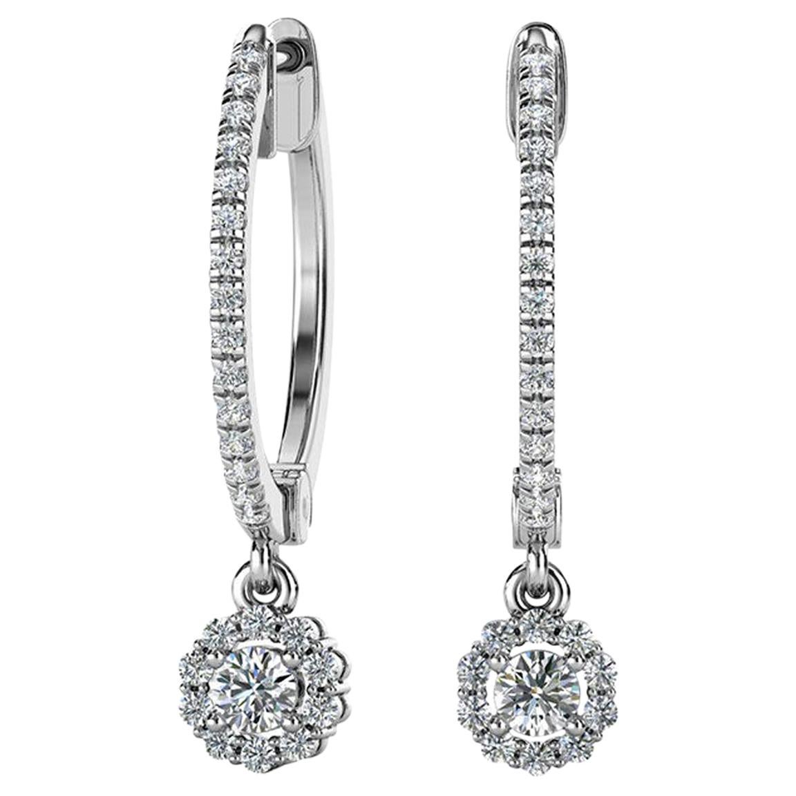 18 Karat White Gold Petite Dangling Halo Diamond Earrings '1/3 Carat' For Sale