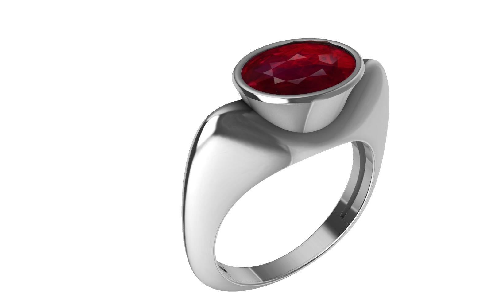 For Sale:  18 Karat White Gold 2.58 Carats Pigeon Blood Ruby Sculpture Ring 7