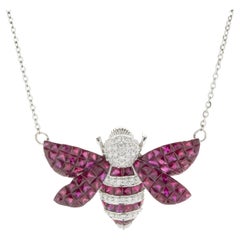 18 Karat White Gold Pigeons Blood Ruby and Diamond Bee Necklace