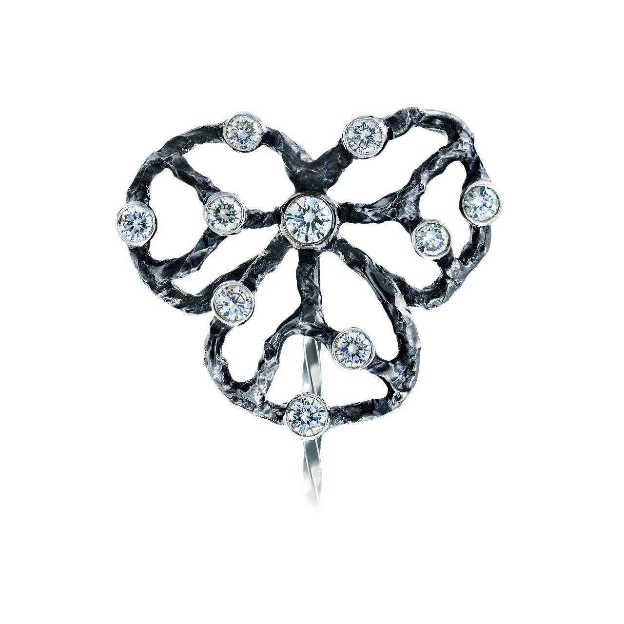 - 10 Round Diamonds - 0.47 ct, D-F/ VVS1-VVS2
- 18K White Gold 
- Weight: 5.22 g
This Pin is made in the author’s manner using blackened 18K white gold with a special facture. Jewellery Theatre creates the graceful butterfly decorated with a