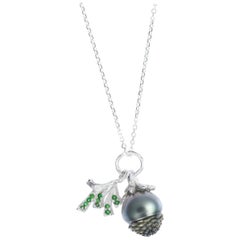 18 Karat White Gold Pinecone Tahitian Pearl and Tsavorite Pendant Necklace