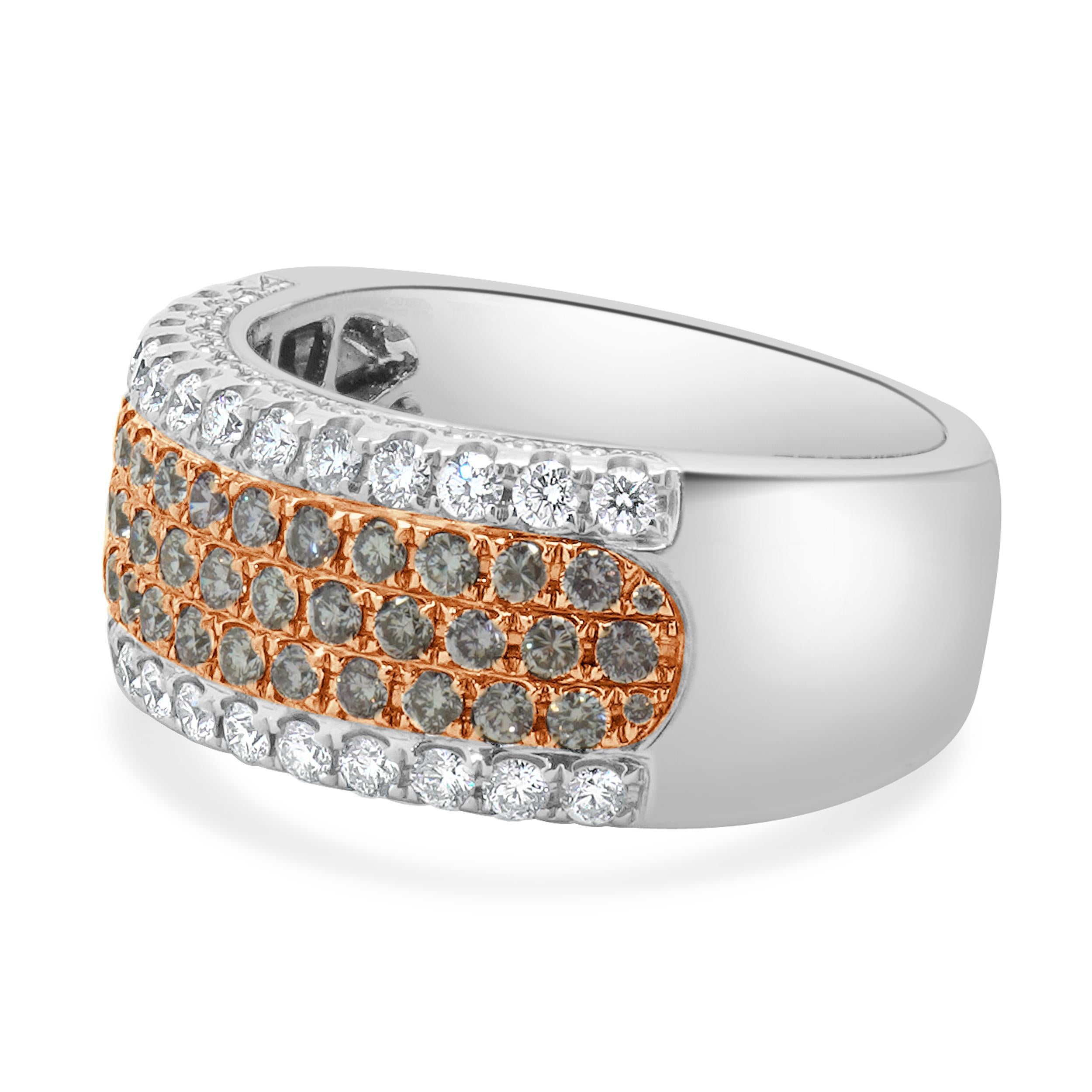 Designer: custom
Material: 18K white gold
Diamond: 54 round brilliant cut = 0.51cttw
Color: G
Clarity: SI1
Pink Diamonds: 47 round cut= 0.65cttw
Ring Size: 7 (please allow two extra shipping days for sizing requests) 
Weight: 10.67 grams