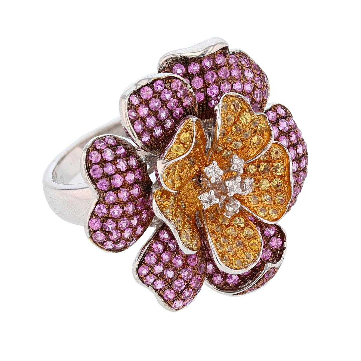 Contemporary 18 Karat White Gold Pink and Yellow Sapphire Diamond Ring For Sale